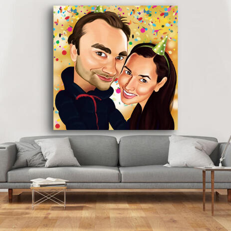 Hand Drawn Couple Caricature for Custom Birthday Gift Printed on Canvas - example