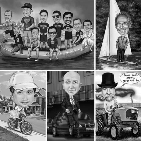 Full Body Black and White Caricature with Any Vehicle and Personalized Background - example