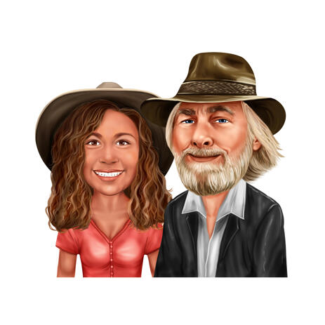 Head and Shoulders, Low Exaggeration Caricature Drawing from Photos - Couple with Hat in Colored Style - example