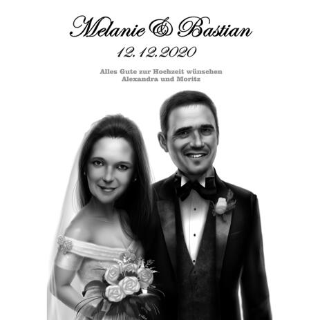 Save Date Caricature - Couple Cartoon Portrait in Black and White Style from Photos - example