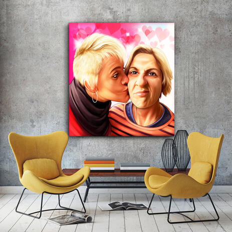Kiss on the Cheek Caricature Drawing on Canvas - example