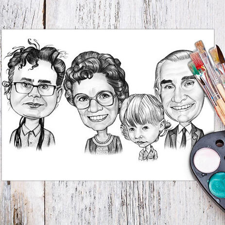 Family Cartoon Portrait in Black and White Style from Photos Printed on Poster as Custom Gift - example