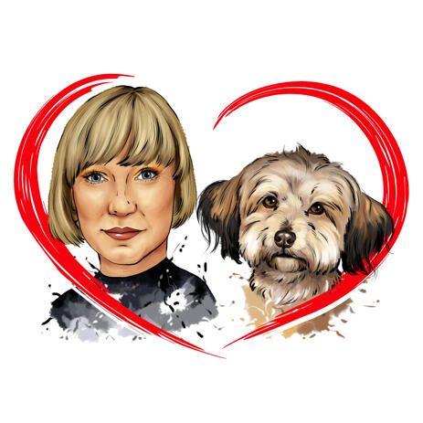 Owner with Pet Watercolor Portrait in Natural Shades with Red Heart - example