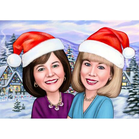 Two Persons Christmas Caricature with Snow Background - example