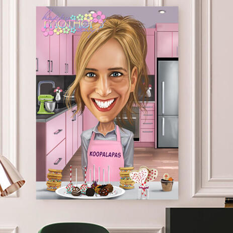 Printed Caricature on Canvas: Drawing of Photo in Caricature Style in Mother's Day Theme - example
