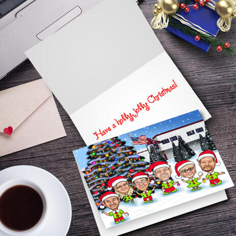 Corporate Group Elf Caricature Set of 10 Cards with Custom Background Hand-Drawn from Photos - example