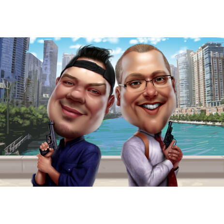 Two Men Superheroes with Guns Funny Cartoon Caricature with City Background - example