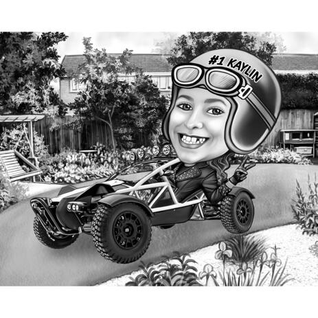Person with Race Car - Cartoon Drawing in Black and White Style with Custom Background for Rally Fans - example