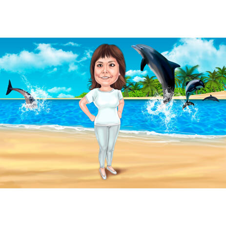 Full Body Caricature with Dolphins Background in Colored Style - example