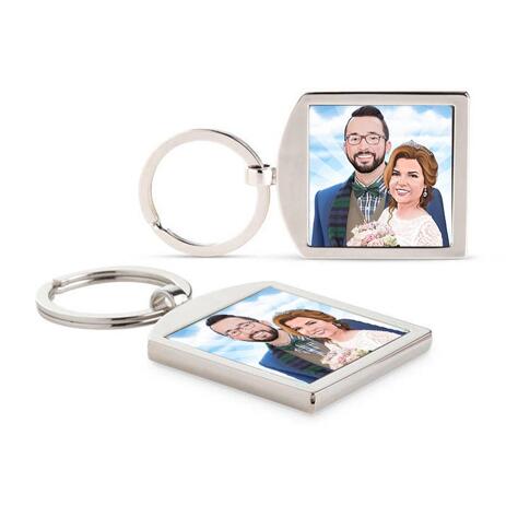 Hand-Drawn Bride and Groom Portrait Printed on Keyrings - example