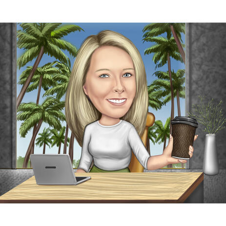 Office Caricature with Desk, Laptop and Coffee - example