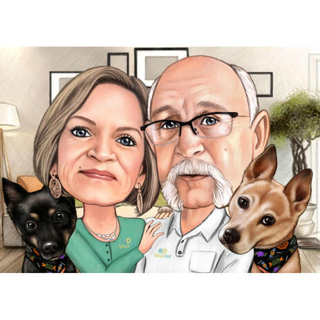 Vet Doctor Couple Caricature with Pets - example
