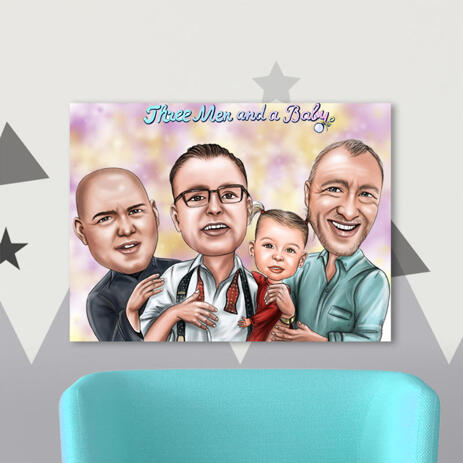 Three Men and a Baby Cartoon Portrait Printed on Canvas for Father Gift - example