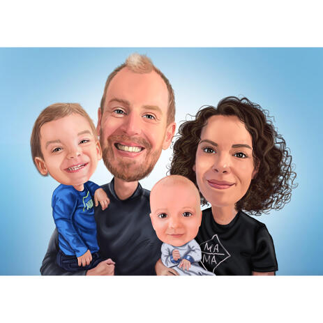 Family with Kids Caricature Portrait on Blue Background - example