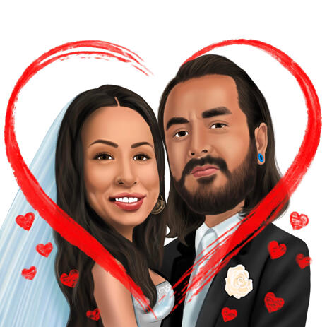 Bride and Groom in Heart Caricature from Photo for Custom Newlyweds Gift - example