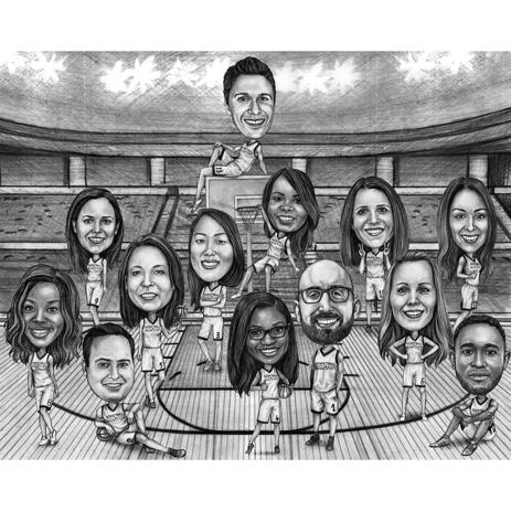 Sport Group Caricature of Basketball Team in Gym in Black and White Style - example