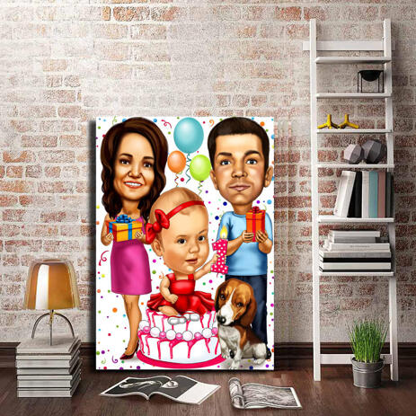 Birthday Family Caricature Printed on Canvas - example
