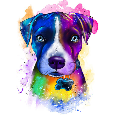 Cute Dog Caricature Portrait with Custom Pet Tag from Photos in Watercolor Style - example