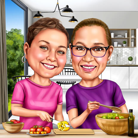 Cooking Caricature of Two Person Hand Drawn in Colored Style with Custom Background - example