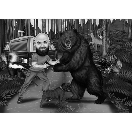 Funny Bear Hunting Caricature in Black and White Style with Custom Background - example