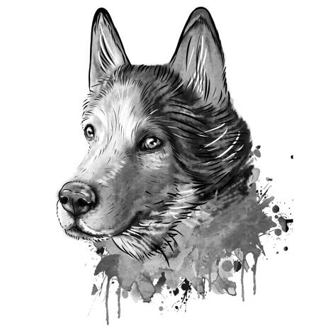 Graphite Dog Husky Portrait from Photos in Black and White Watercolor Style - example