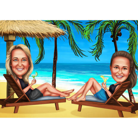 Two Persons Vacation Caricature with Beach Background - example