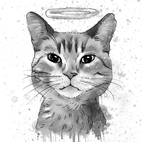 Cat Memorial Portrait with Halo in Watercolor Grayscale Style from Photo - example