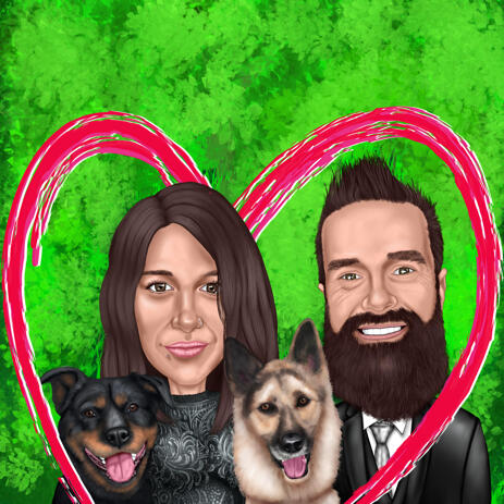 Couple with Two Pets Caricature from Photo with One Color Background - example
