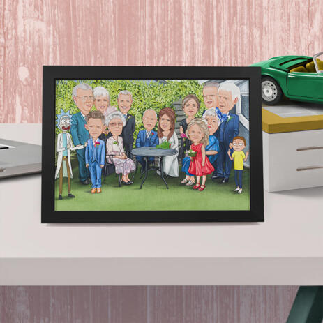 Wedding Poster Gift - Family Caricature Portrait with Custom Background - example