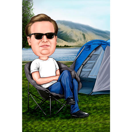 Outdoor Holiday Tent Camping Caricature of Person Hand Drawn in Colored Style - example