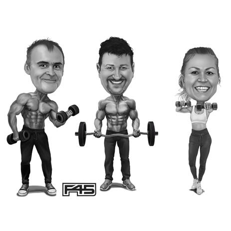 Personalized Bodybuilding Group Caricature in Black and White Style from Photos - example
