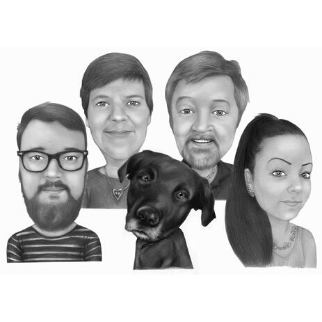 Black and White Style Caricature of Family with Labrador from Photos - example