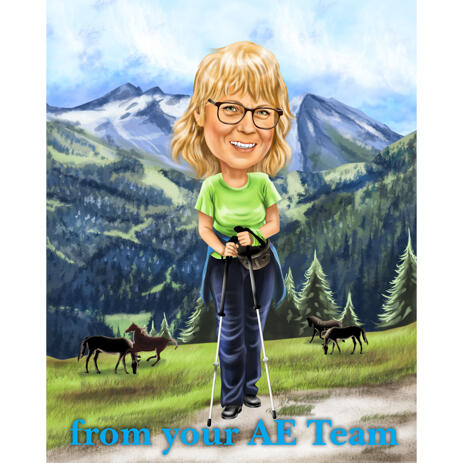 Person Hiking Cartoon Caricature Drawing with Custom Landscape Background from Photos - example