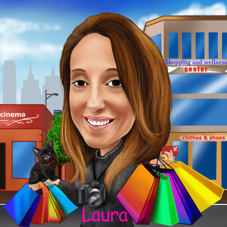 Shopping Time - Woman with Bags Caricature from Photos on Custom Background - example