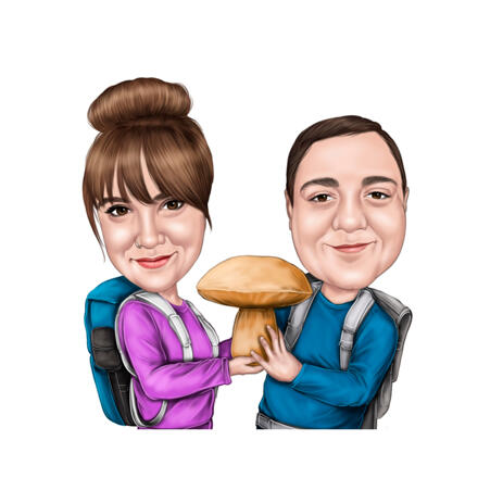 Mushroom Hunting Couple Colored Caricature from Photos - example