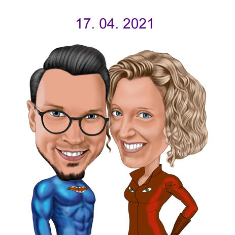Custom Superhero Inspired Couple Caricature in Colored Head and Shoulders Style - example
