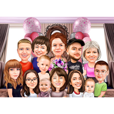 Large Family Caricature with Custom Background in Colored Style - example