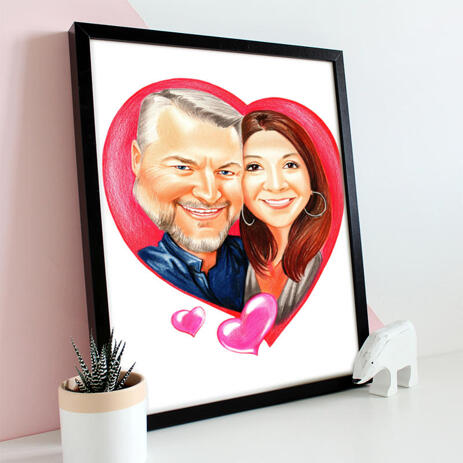 Couple in Heart Caricature Cartoon from Photos Printed as Poster - example