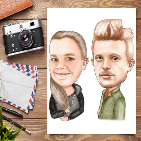 Brother and Sister Cartoon Portrait in Color Style Poster Print - example