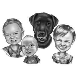 Enfants avec animal de compagnie - Portrait de caricature en noir et blanc à partir de photos