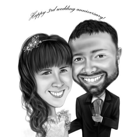 Custom Couple Happy 3rd Wedding Anniversary Caricature in Black and White Style - example