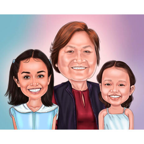 Grandma and Granddaughters Caricature from Photos with Colored Background - example