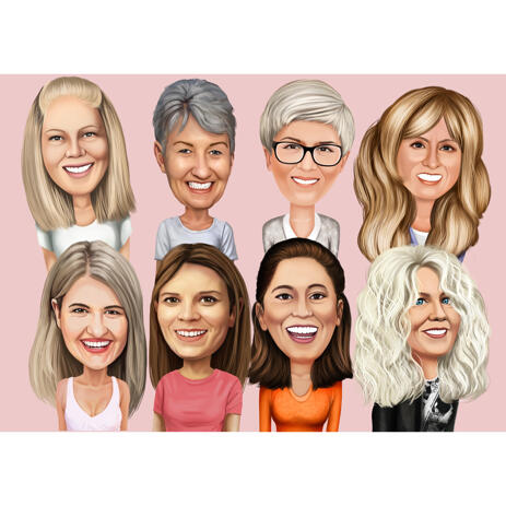 Custom Head and Shoulders Group Female Caricature Portrait with One Color Background - example