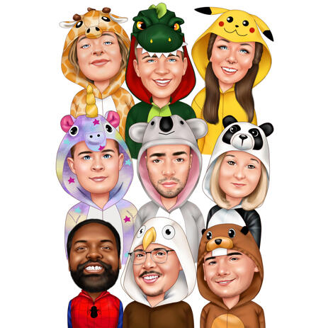 Group Colored Style Caricature Drawing in Funny Costumes from Photos - example