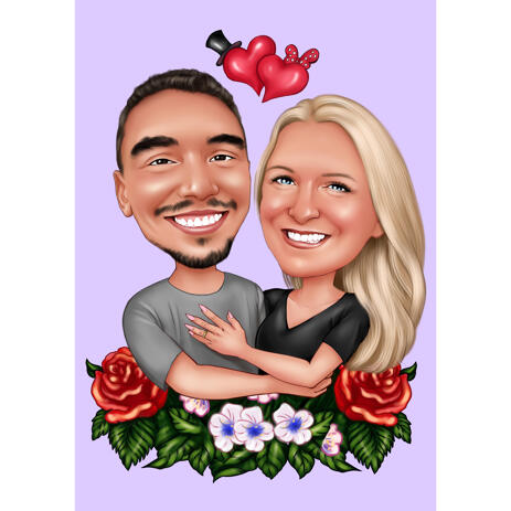 Couple Caricature Drawing Gift with Floral Ornaments on Colored Background - example