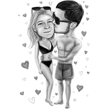 Kissing Cheek Full Body Couple Caricature in Black and White Style - example