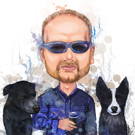 Owner with Two Dogs Caricature in Watercolor Natural Style for Custom Pet Lover Gift - example