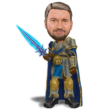 Man Caricature Hand Drawn in Full Body Colored Style from Photos - Warcraft Game Fans Gift - example