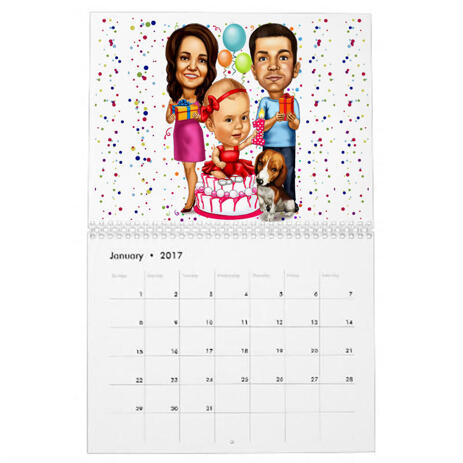 Birthday Family Caricature Printed on Calendar - example