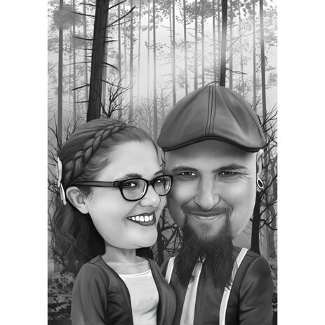 Forest of Love - Couple Caricature in Black and White Style from Photo - example